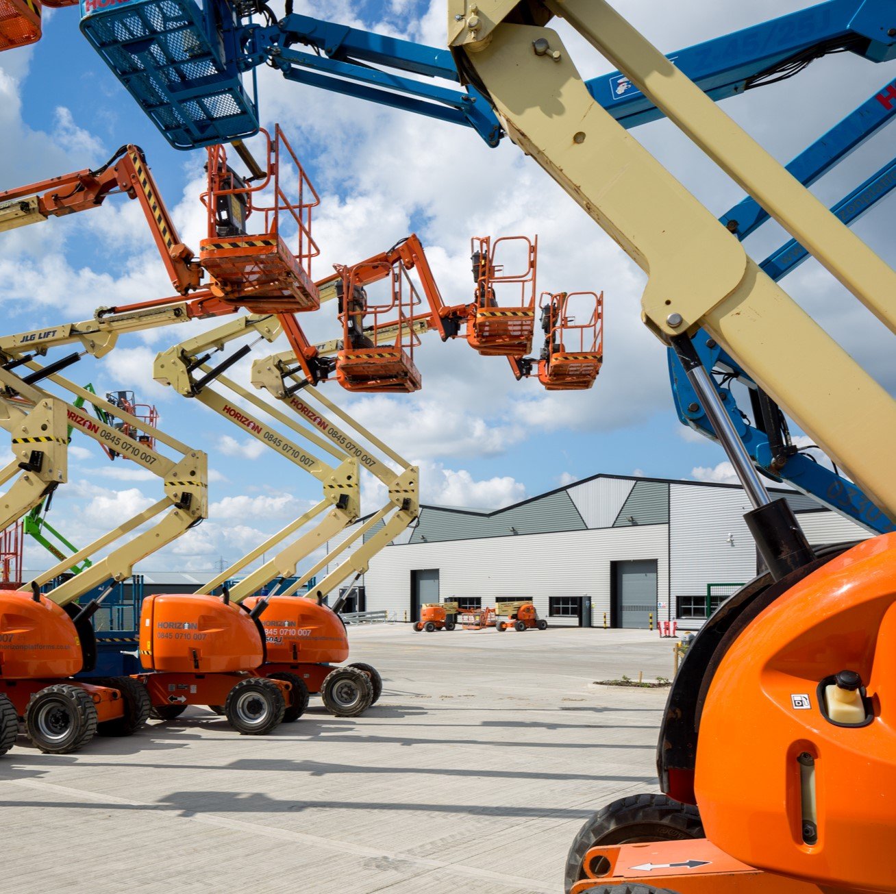 large volume of cherry pickers outside Horizon Platforms